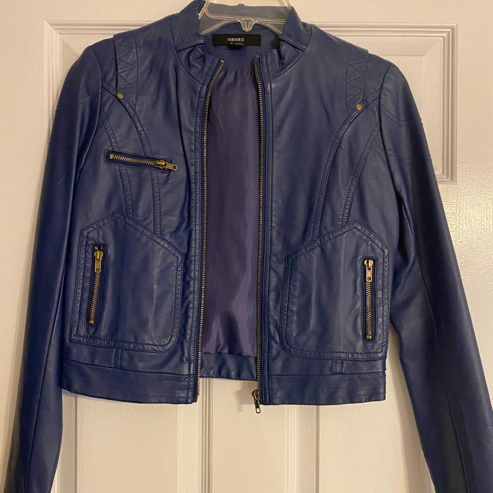 Blue Pleather Crop Bomber Jacket